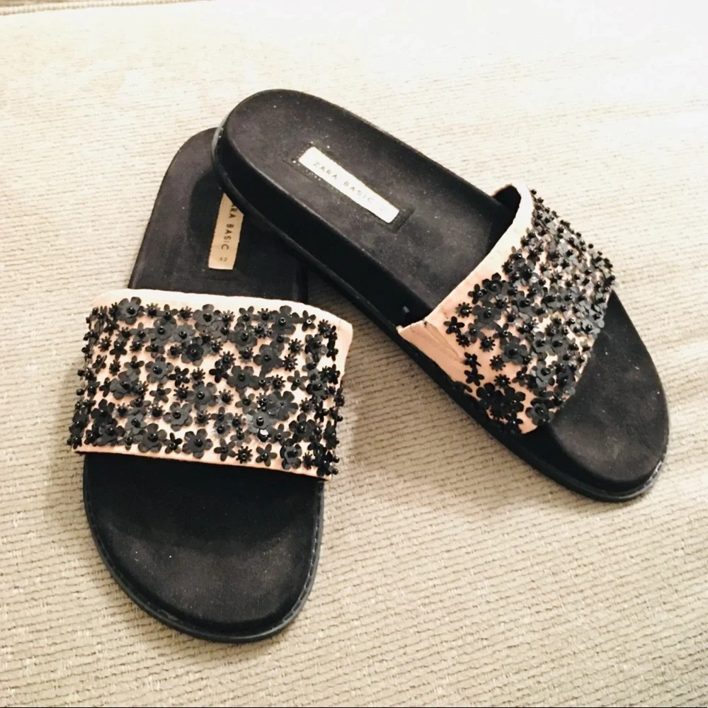 Zara Basic Floral Bead Rhinestones Black Pink Slide Sandals Size 42 - Picture 5 of 8